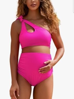 One-Shoulder Maternity Bikini Set in Bright Fuchsia